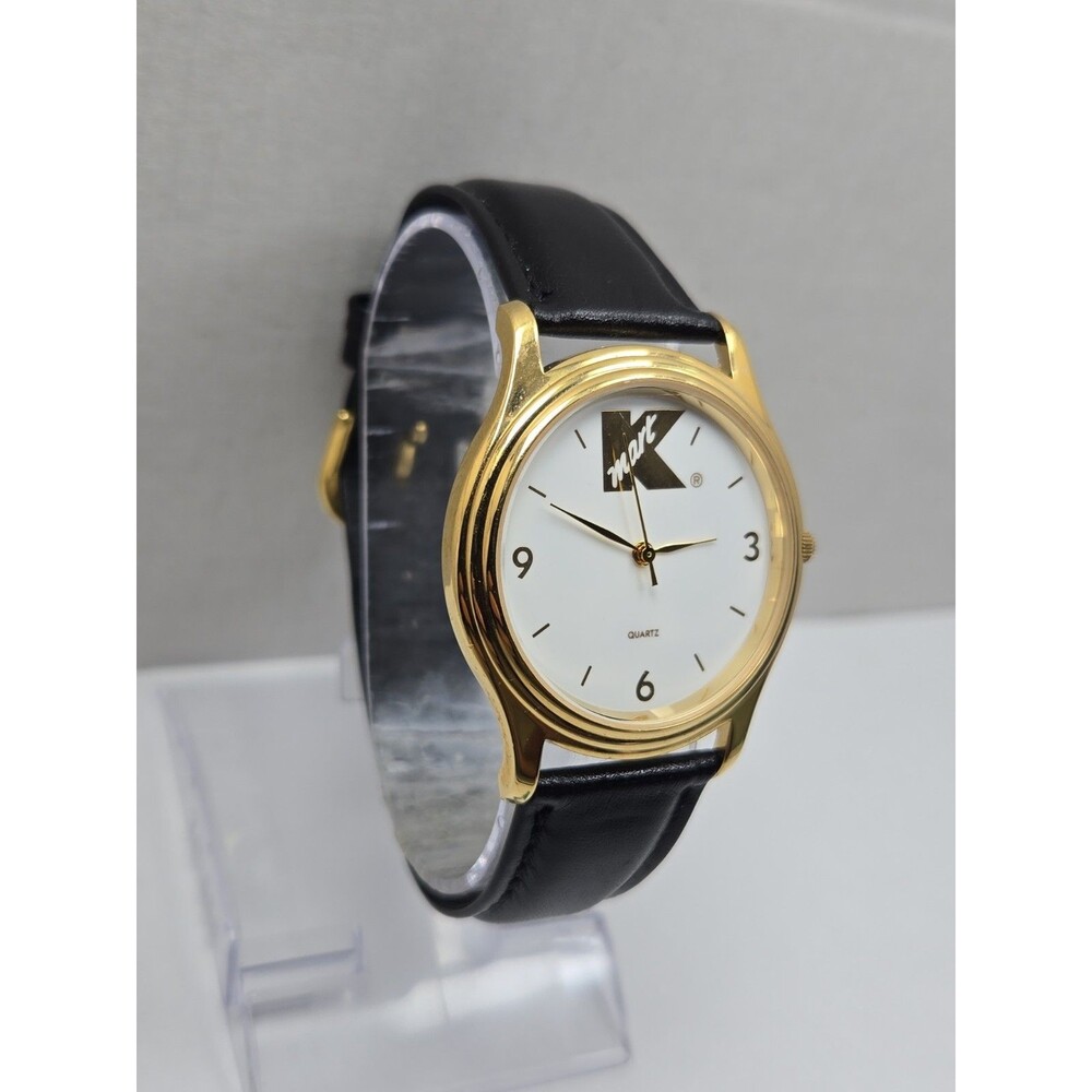 Vintage Kmart Logo Quartz Watch Y121 Gold Tone White Dial Black Band New Battery - Picture 3 of 12